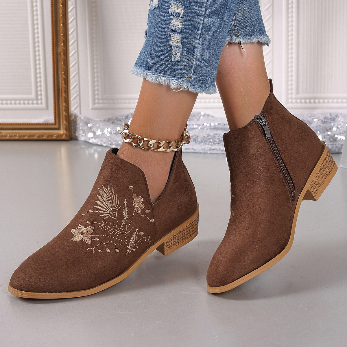 Embroidered Suede Point Toe Block Heel Boots - Drazelle Store