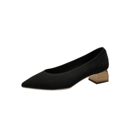 Wood Grain Thick Heel Pointed Breathable Casual Pumps - Drazelle Store