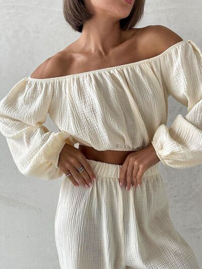 Off Shoulder Long Sleeve Top and Pants Set - Drazelle Store