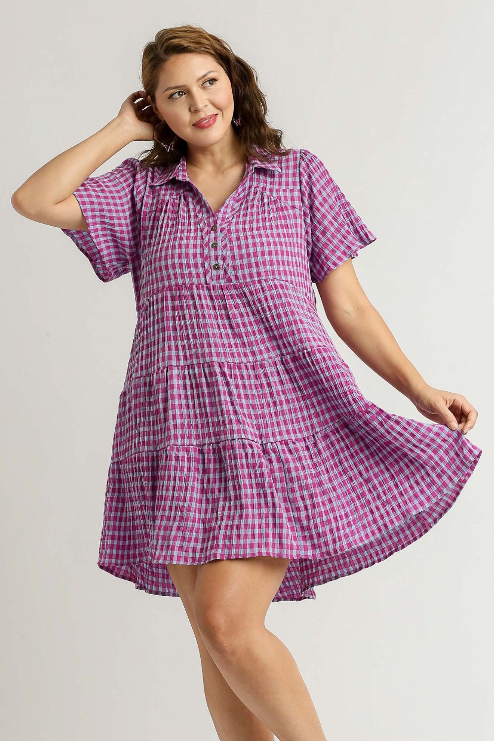 Gingham Tiered Button Detail Short Sleeve Dress - Drazelle Store