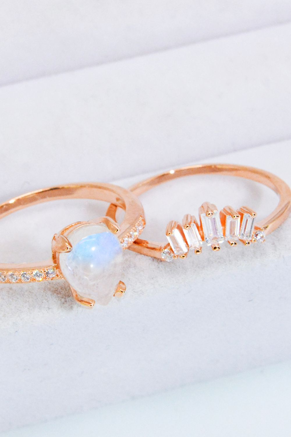 Natural Moonstone and Zircon 18K Rose Gold-Plated Two-Piece Ring Set - Drazelle Store