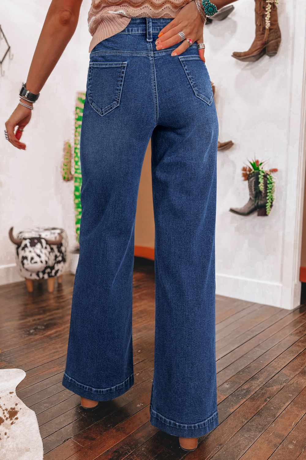 Front Pocket Patch High Waisted Wide Leg Jeans - Drazelle Store