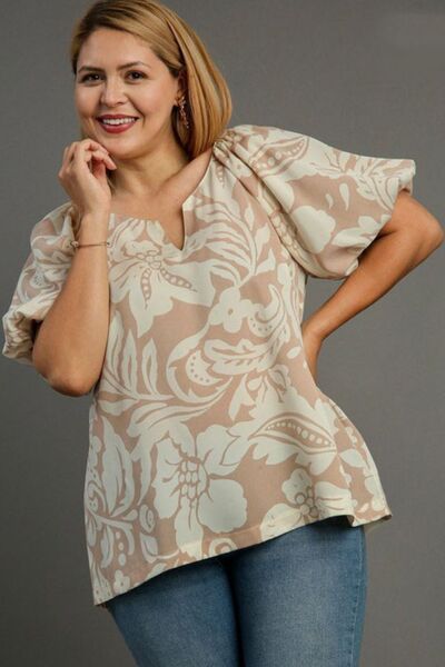 Umgee Full Size Boxy Cut Split Neck Floral Print Top - Drazelle Store