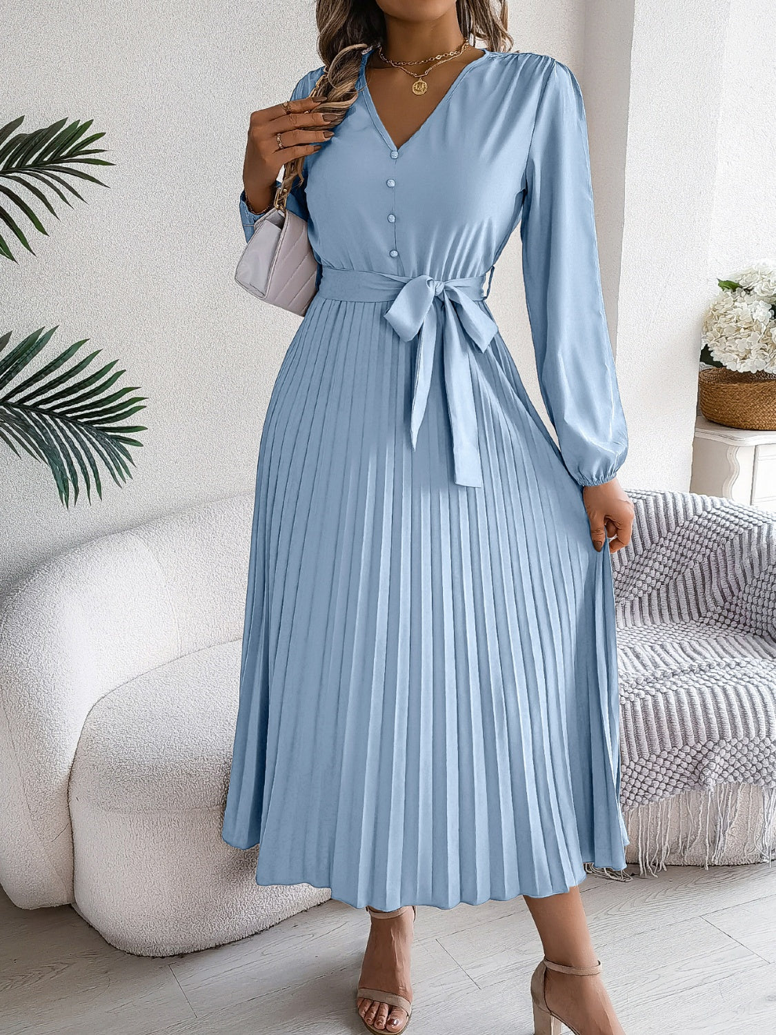 Pleated Tied V-Neck Long Sleeve Dress - Drazelle Store