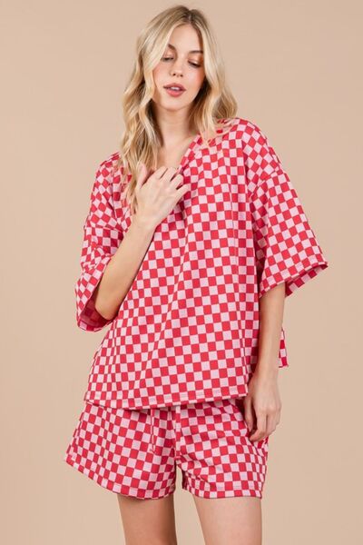 Checkered Round Neck Top and Shorts Set - Drazelle Store