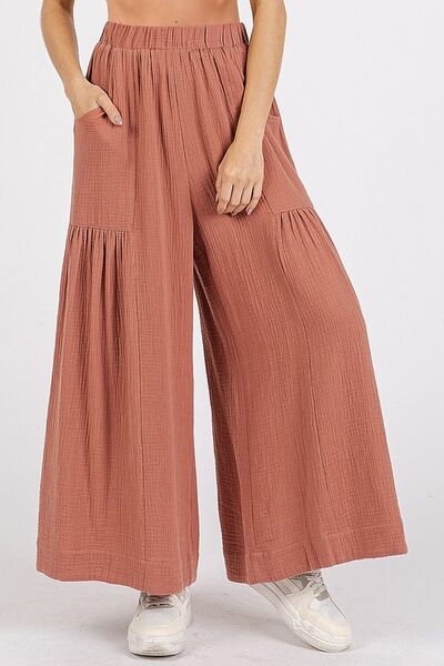 Mito shop Gauze Elastic Waist Pleated Wide Leg Pants - Drazelle Store