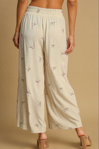 Umgee Full Size Lace Drawstring Embroidered Bow Wide Leg Pants - Drazelle Store