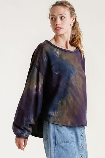 Umgee Full Size Tie Dye Round Neck Long Balloon Sleeve Top Plus Size - Drazelle Store