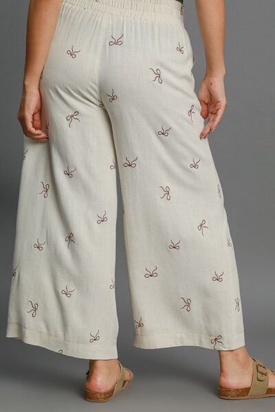 Umgee Full Size Lace Drawstring Embroidered Bow Wide Leg Pants - Drazelle Store