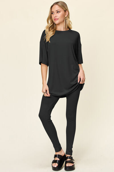 Double Take Full Size Round Neck Dropped Shoulder T-Shirt and Leggings Set - Drazelle Store