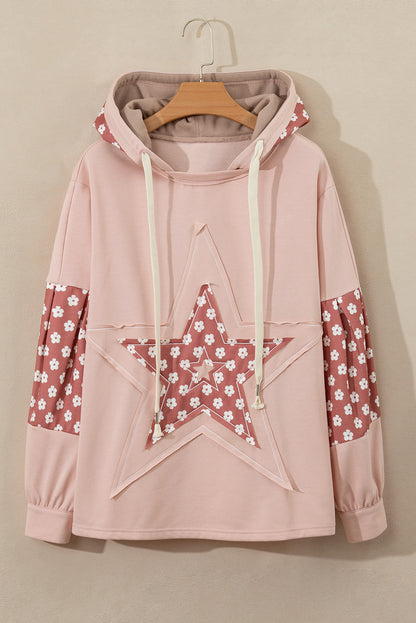 Floral Patchwork Star Pattern Drawstring Hoodie - Drazelle Store