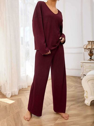 V-Neck Long Sleeve Top and Wide Leg Pants Set - Drazelle Store