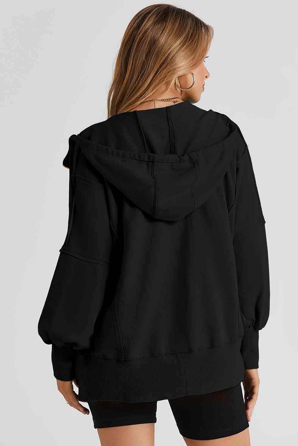 Zip Up Long Sleeve Drawstring Hoodie - Drazelle Store