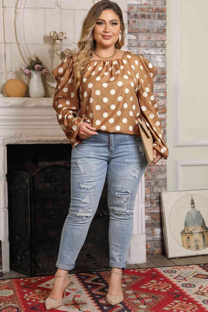 Plus Size Polka Dot Long Sleeve Blouse - Drazelle Store