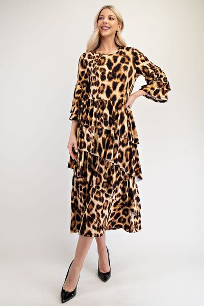 Celeste Full Size Leopard Asymmetrical Ruffle Midi Dress - Drazelle Store