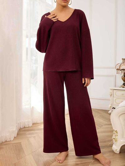 V-Neck Long Sleeve Top and Wide Leg Pants Set - Drazelle Store