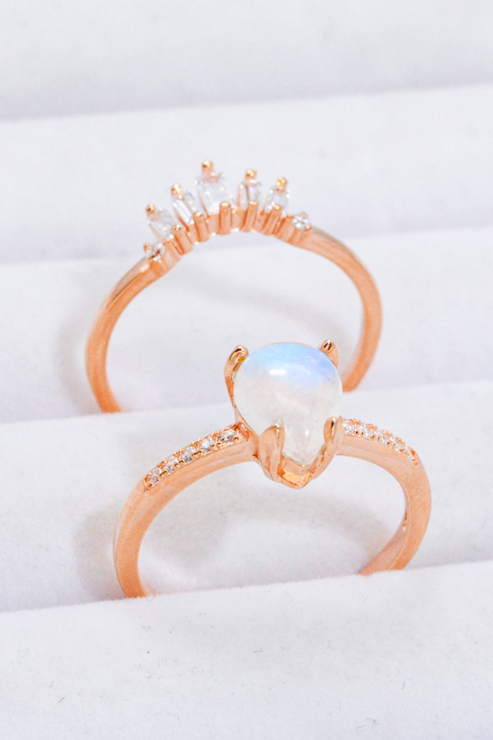 Natural Moonstone and Zircon 18K Rose Gold-Plated Two-Piece Ring Set - Drazelle Store