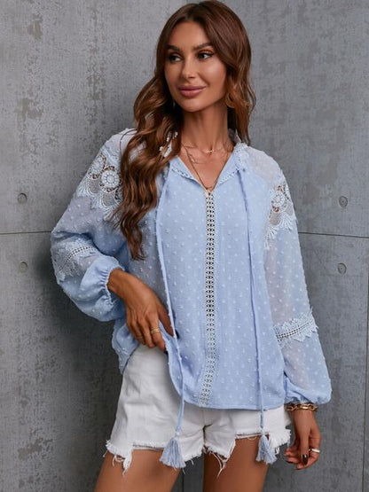 Crochet Tassel Tie Neck Long Sleeve Blouse - Drazelle Store