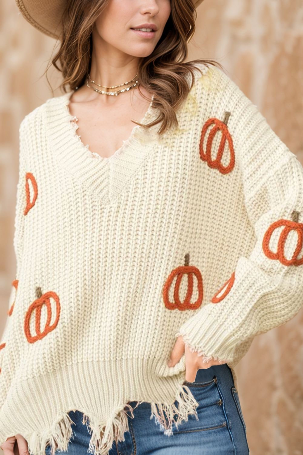 Raw Hem Pumpkin V-Neck Long Sleeve Sweater - Drazelle Store