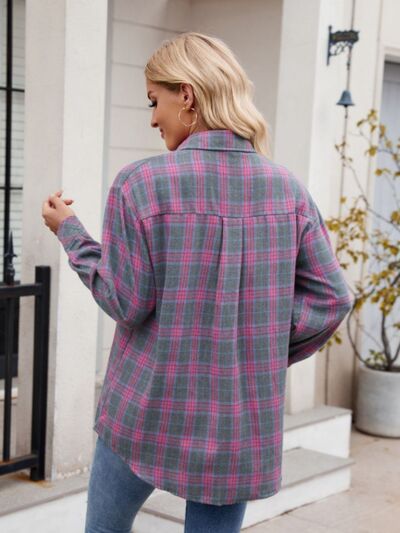 Mandy Pocketed Plaid Collared Neck Long Sleeve Shirt - Drazelle Store