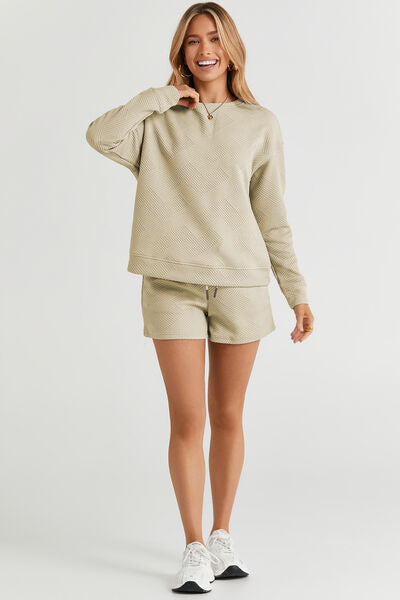 Double Take Full Size Texture Long Sleeve Top and Drawstring Shorts Set - Drazelle Store