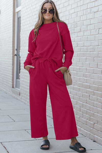 Double Take Full Size Textured Long Sleeve Top and Drawstring Pants Set - Drazelle Store