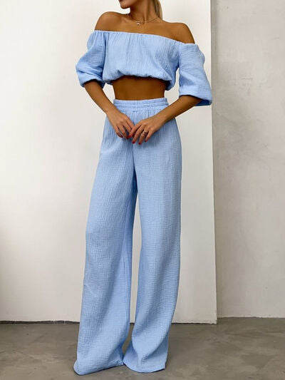 Off Shoulder Long Sleeve Top and Pants Set - Drazelle Store