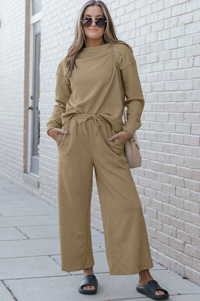 Double Take Full Size Textured Long Sleeve Top and Drawstring Pants Set - Drazelle Store