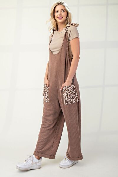 Celeste Full Size Ribbed Leopard Tied Shoulder Overalls - Drazelle Store