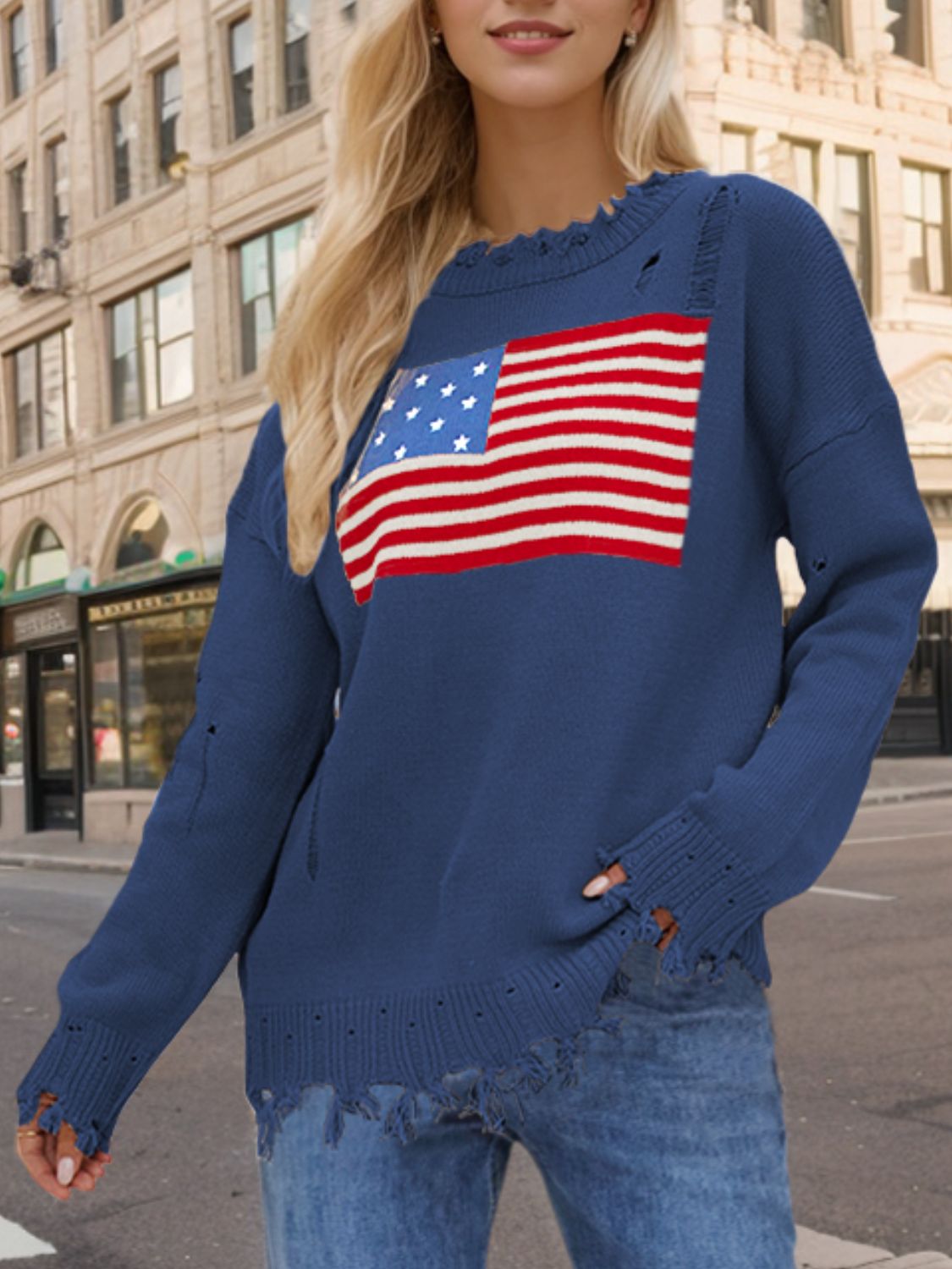 US Flag Distressed Round Neck Long Sleeve Sweater - Drazelle Store