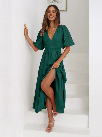 Tiered Surplice Half Sleeve Midi Dress - Drazelle Store