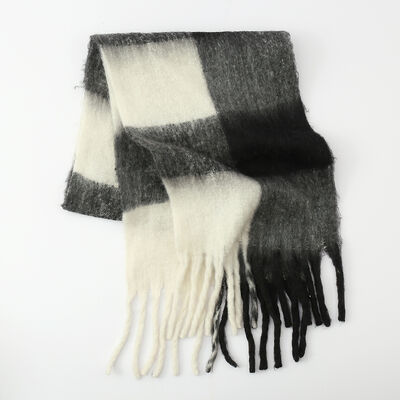 Fringe Contrast Plaid Polyester Scarf - Drazelle Store