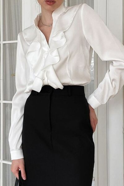 Ruffled Notched Long Sleeve Shirt - Drazelle Store