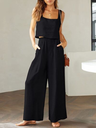 Square Neck Top and Wide Leg Pants Set - Drazelle Store