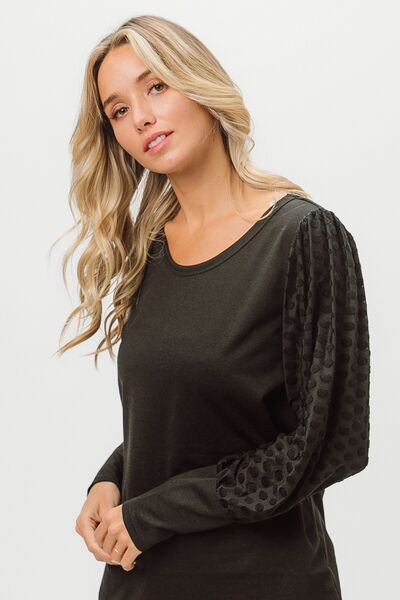 BiBi Round Neck Polka Dot Lantern Sleeve Top - Drazelle Store