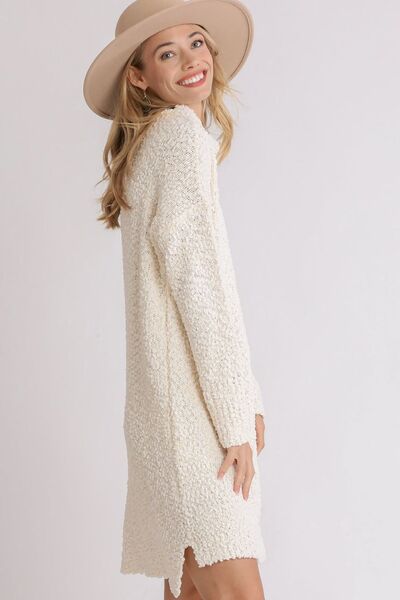 Umgee Full Size High Low Long Sleeve Boucle Sweater Dress - Drazelle Store