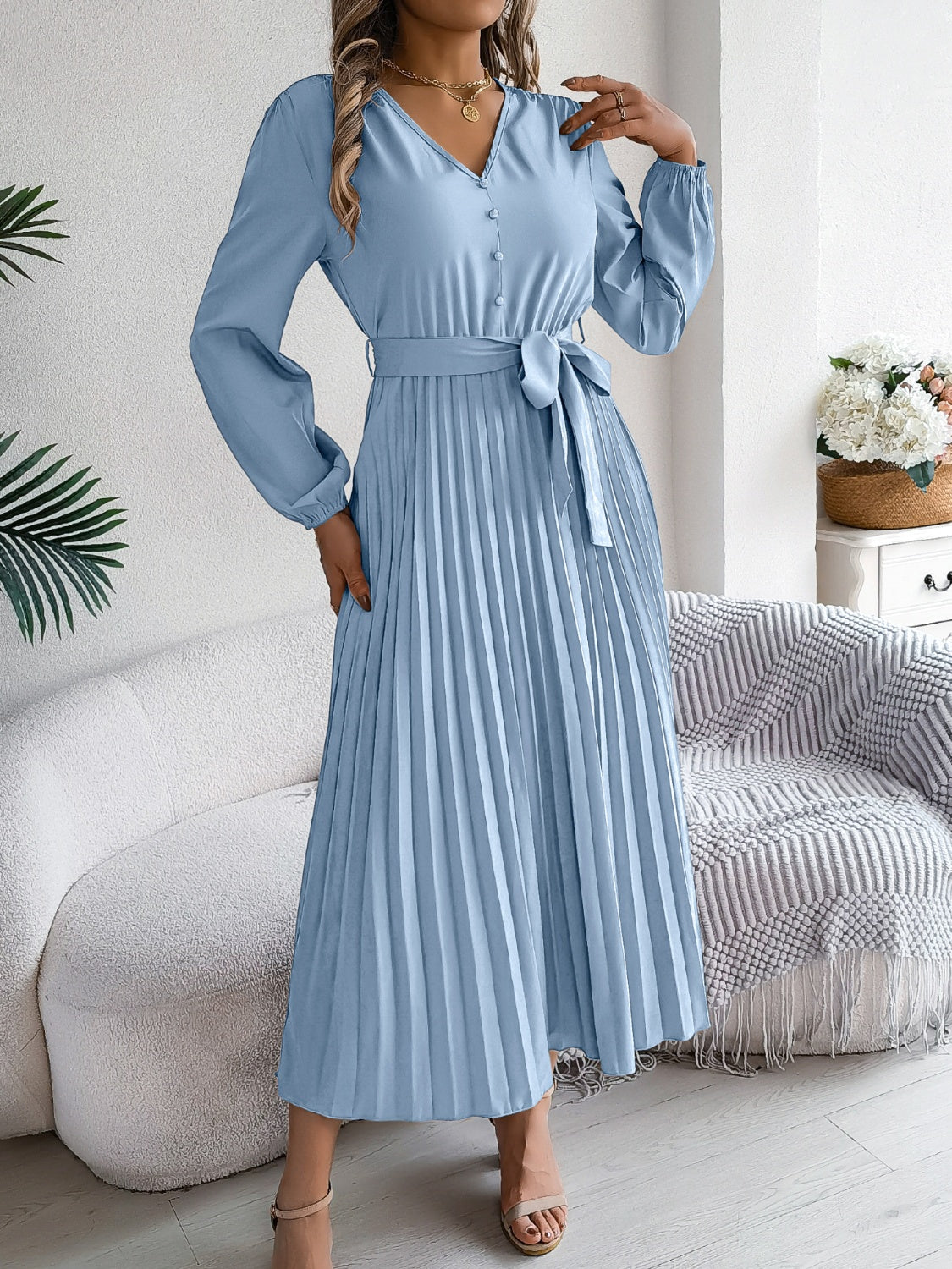 Pleated Tied V-Neck Long Sleeve Dress - Drazelle Store