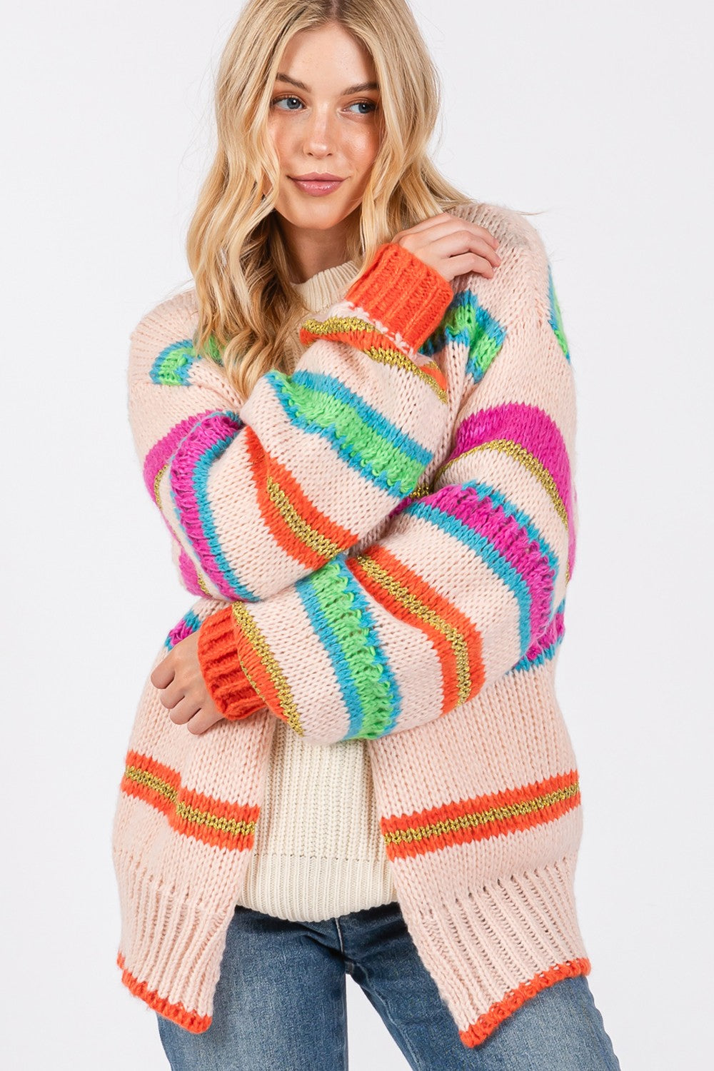 SAGE + FIG Rainbow Striped Open Front Knit Cardigan - Drazelle Store