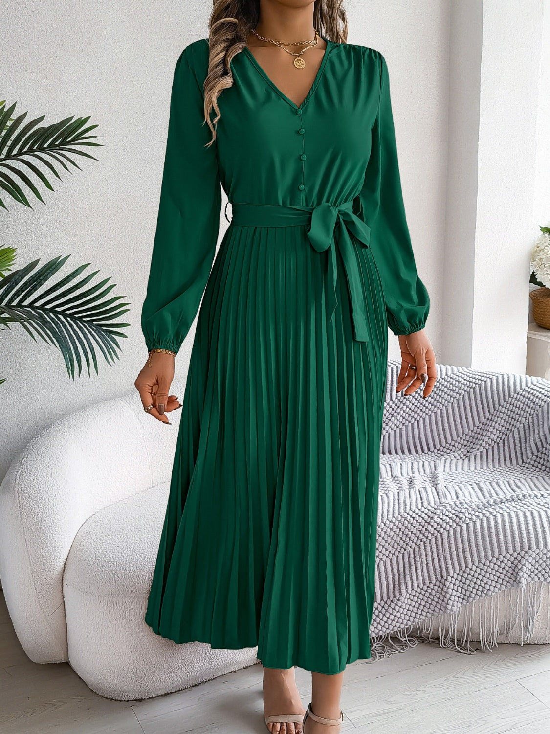 Pleated Tied V-Neck Long Sleeve Dress - Drazelle Store