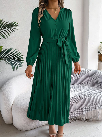 Pleated Tied V-Neck Long Sleeve Dress - Drazelle Store