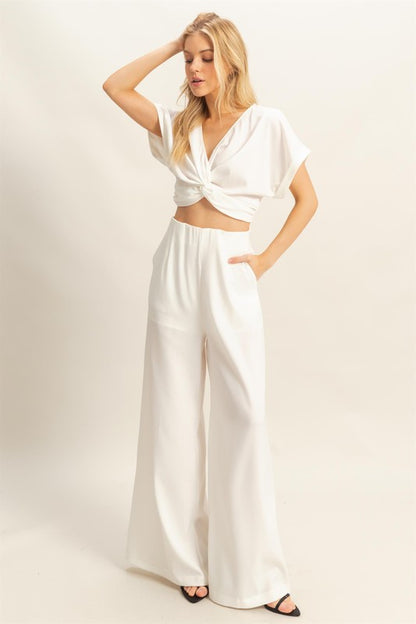 Twisted Front Short Sleeve Top and Wide Leg Pants Set - Drazelle Store