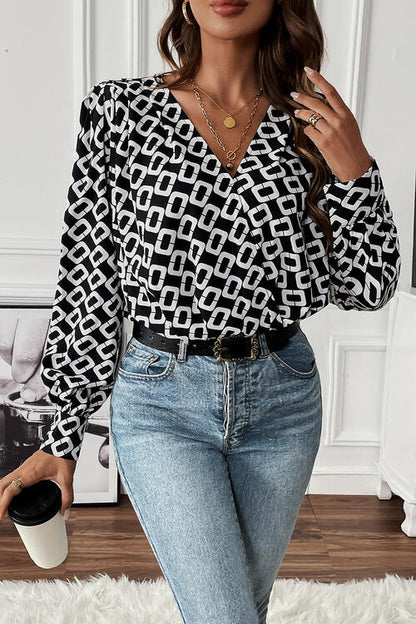 Perfee Geometric V-Neck Long Sleeve Blouse - Drazelle Store