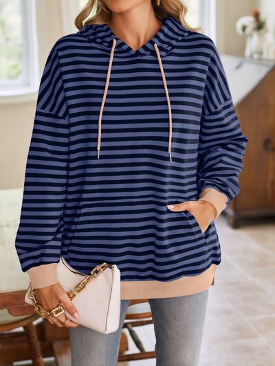 Lovelet Drawstring Striped Long Sleeve Hoodie - Drazelle Store