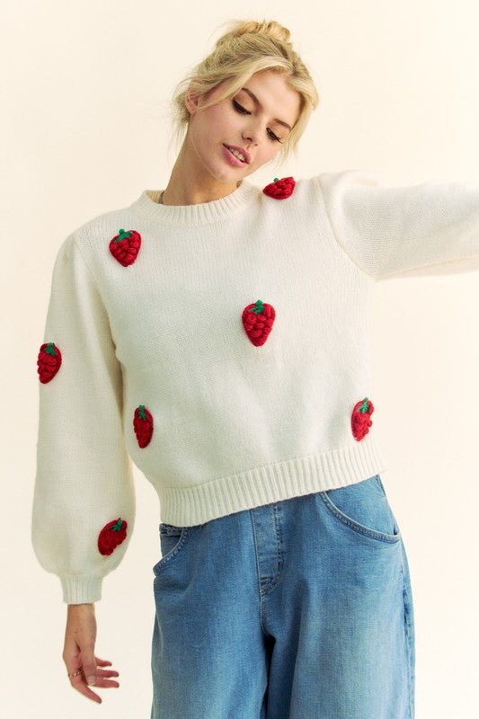 Davi & Dani Crochet Strawberry Round Neck Sweater - Drazelle Store