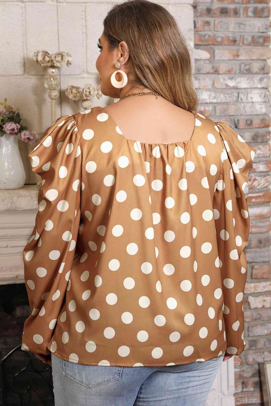 Plus Size Polka Dot Long Sleeve Blouse - Drazelle Store