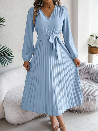 Pleated Tied V-Neck Long Sleeve Dress - Drazelle Store