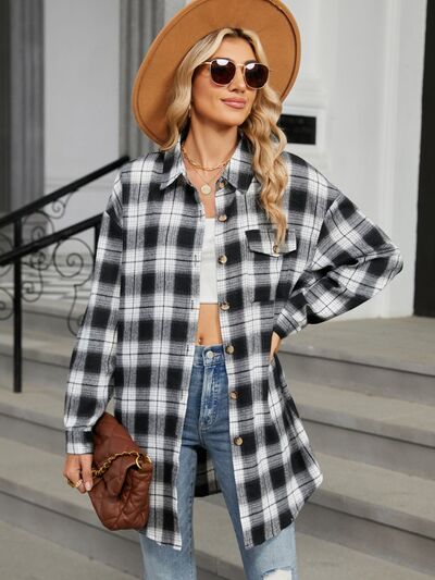 Plaid Collared Neck Long Sleeve Shirt - Drazelle Store