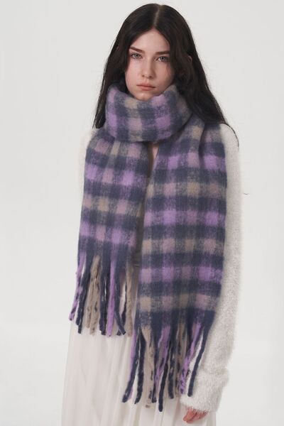 Fringe Plaid Polyester Scarf - Drazelle Store