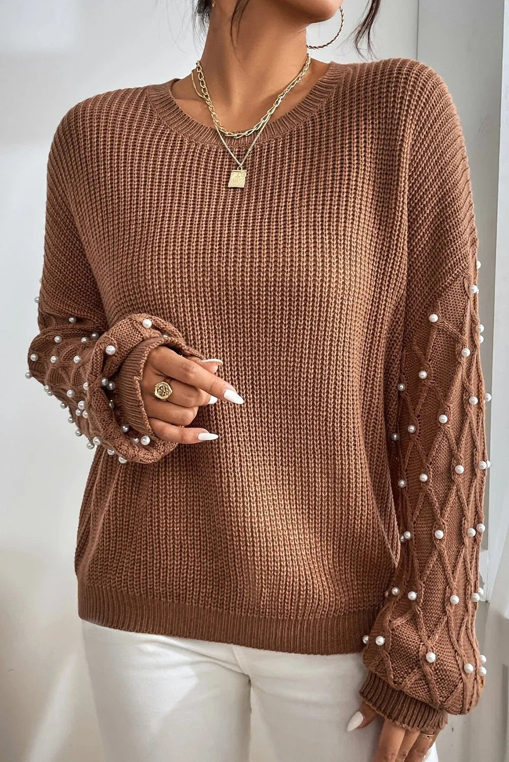 Pearl Detail Round Neck Long Sleeve Sweater - Drazelle Store