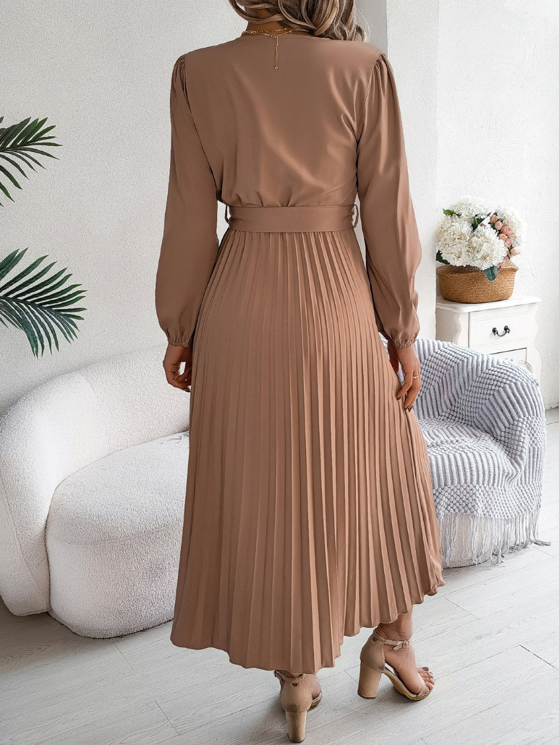 Pleated Tied V-Neck Long Sleeve Dress - Drazelle Store